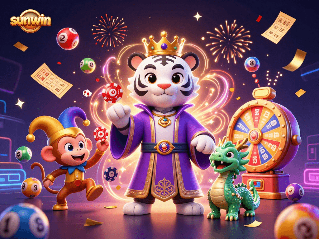Experience the excitement of sunwin with a lively casino scene featuring a tiger, monkey, and dragon.