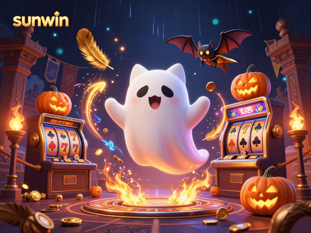 Experience thrilling wins with sunwin while a ghost cat haunts a vibrant casino scene.