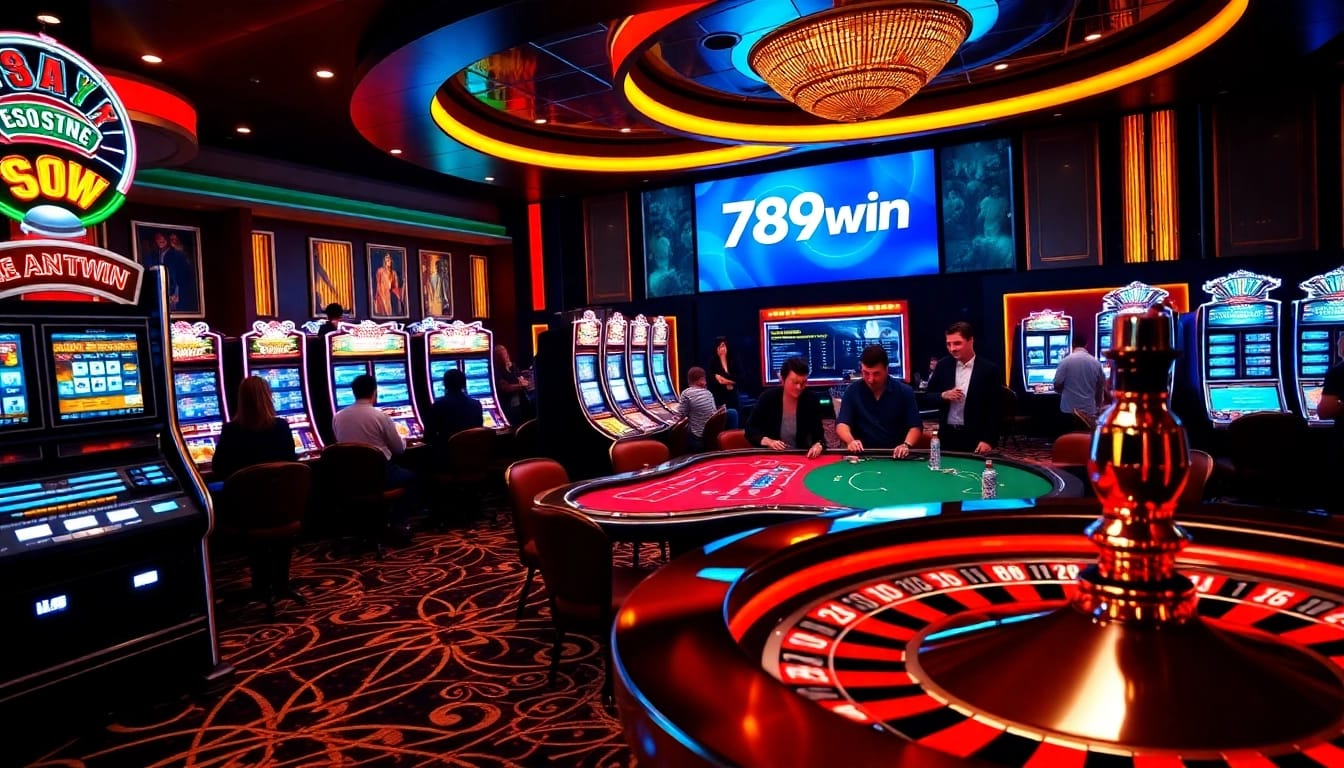 Exciting casino atmosphere at 789win with poker tables and vibrant slot machines.