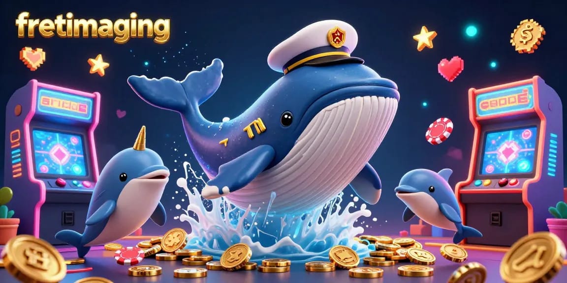 Experience the vibrant world of gambling with fretimaging featuring a cartoon whale and dolphins amidst coins and poker chips.