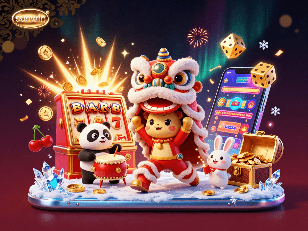 Engage in thrilling gameplay with sunwin, featuring a vibrant 3D casino scene filled with dynamic symbols and festive characters.