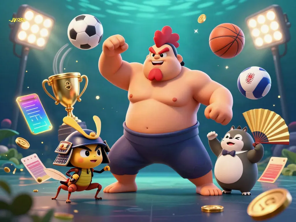 Experience the dynamic action of JW88 with a powerful sumo wrestler, a fierce cricket, and a tanuki in a vibrant casino setting.