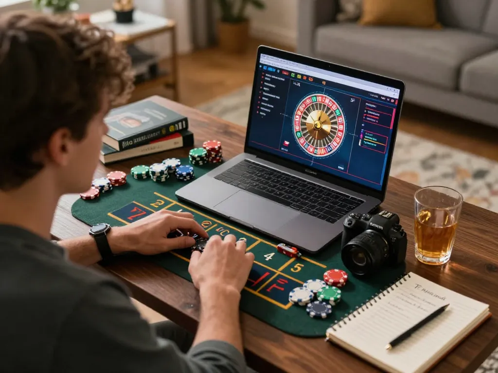 A player enjoys an exciting online roulette game with KK WIN on their laptop, strategically placing chips on the colorful betting table.