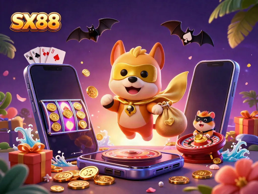 SX88 superhero dog soaring with gold coins in a vibrant casino-themed scene