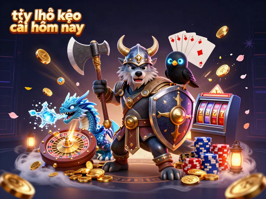 Experience the thrilling world of tỷ lệ kèo nhà cái hôm nay with a dynamic scene featuring a Viking, dragon, and raven amidst flying coins and casino elements.