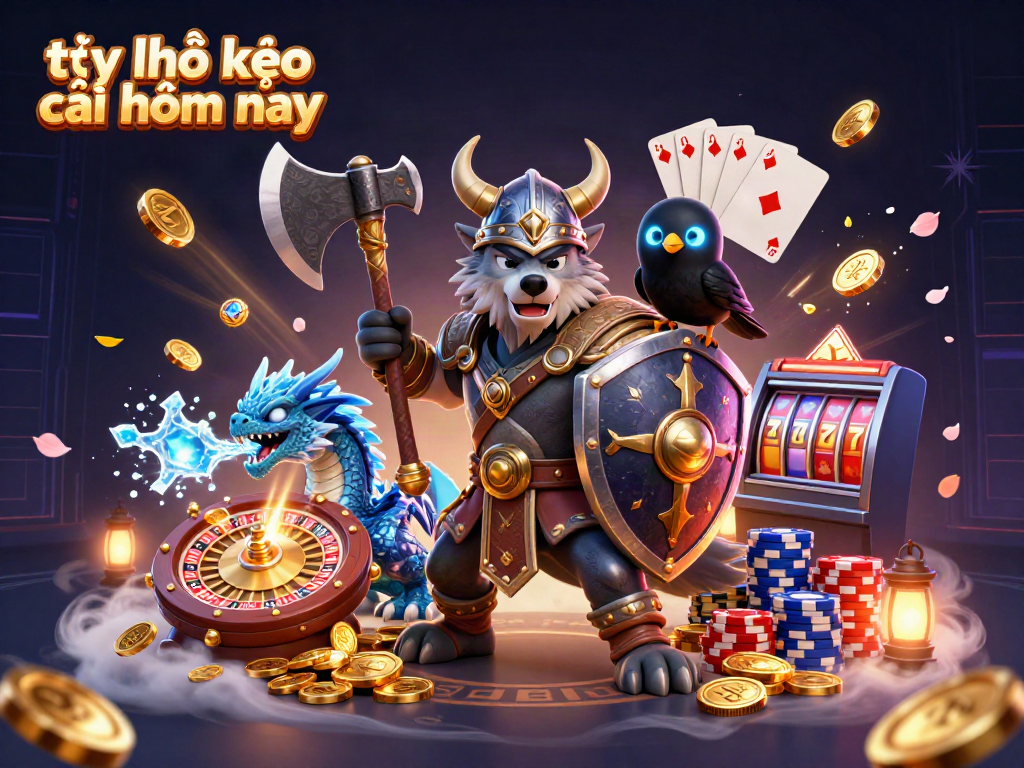 Experience the thrilling world of tỷ lệ kèo nhà cái hôm nay with a dynamic scene featuring a Viking, dragon, and raven amidst flying coins and casino elements.