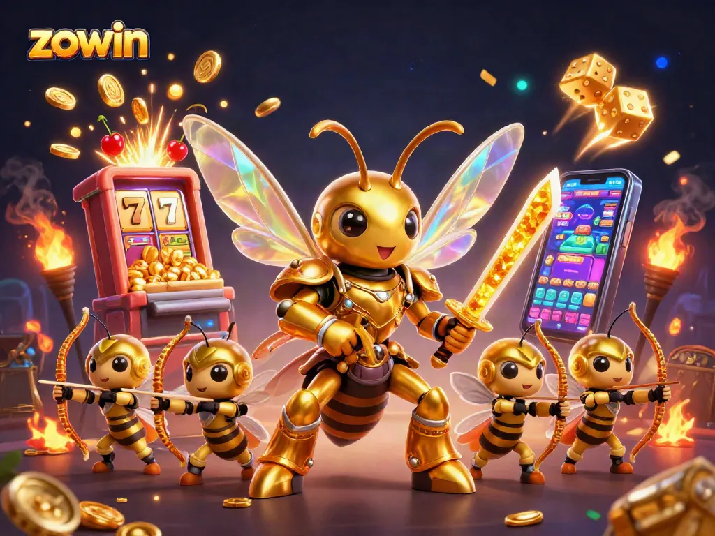 Zowin's exciting jackpot features illustrated with a golden hornet samurai amidst vibrant slot symbols and coins.
