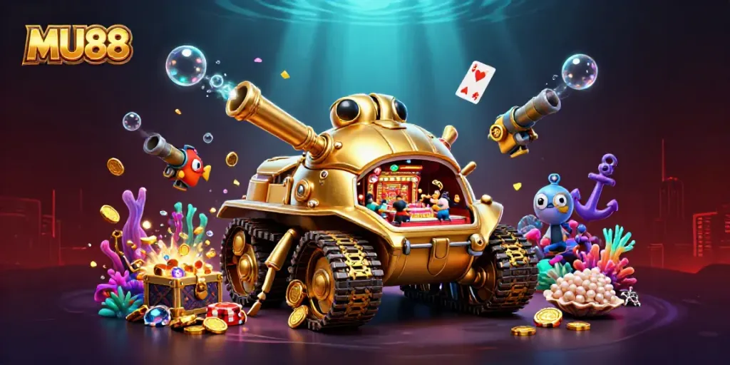 Experience the excitement at MU88 with this vibrant 3D illustration of a golden beetle tank casino, rich in detail.