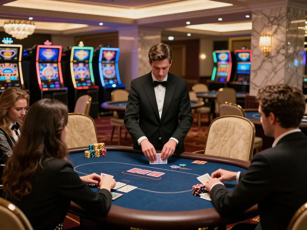 77WIN players enjoying an upscale poker game in a luxurious casino setting.