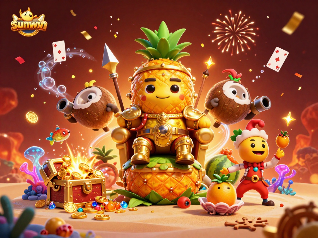Win big with sunwin in a vibrant, festive casino scene featuring a pineapple king and lively characters.