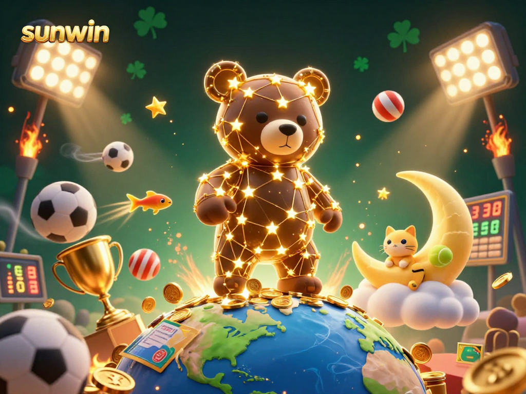 Win big at sunwin with a vibrant 3D illustration of animated characters celebrating around sports and casino elements.