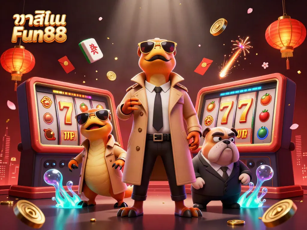 Engaging illustration of three raptors in a trench coat trying to enter "คาสิโน Fun88," showcasing vibrant casino elements.