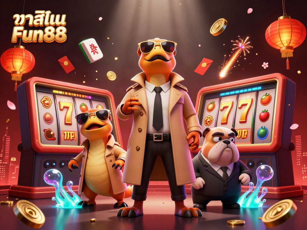 Engaging illustration of three raptors in a trench coat trying to enter "คาสิโน Fun88," showcasing vibrant casino elements.