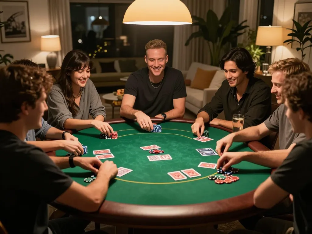 Enjoying a thrilling poker game, mm88br players gather around a table with chips and drinks in a warm home setting