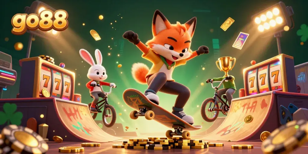 Engage in exciting action with go88 as our skateboarder fox performs a kickflip over golden poker chips.