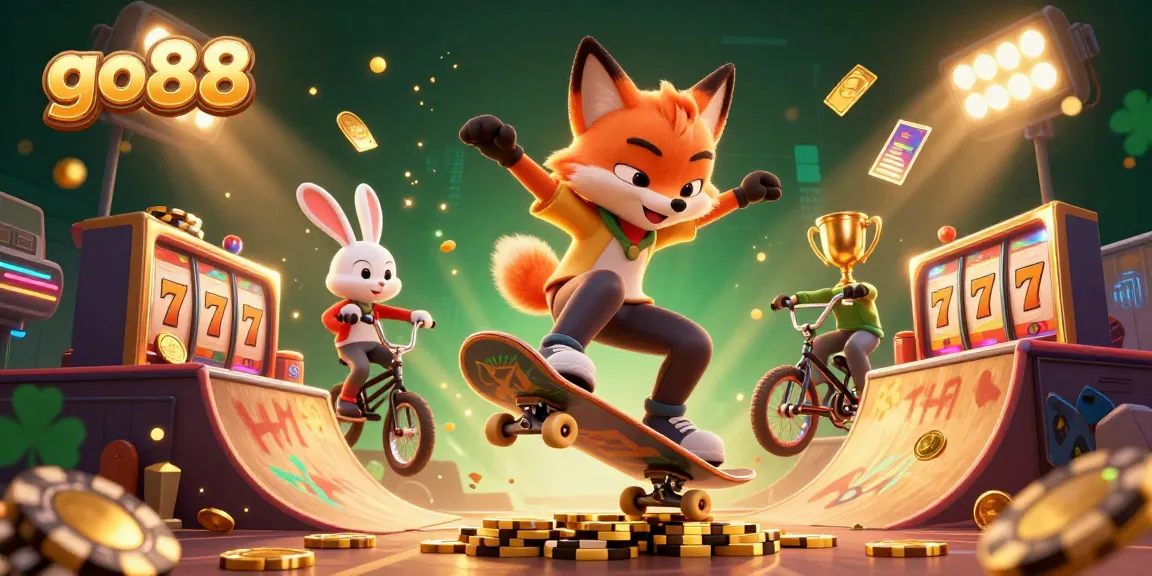 Engage in exciting action with go88 as our skateboarder fox performs a kickflip over golden poker chips.