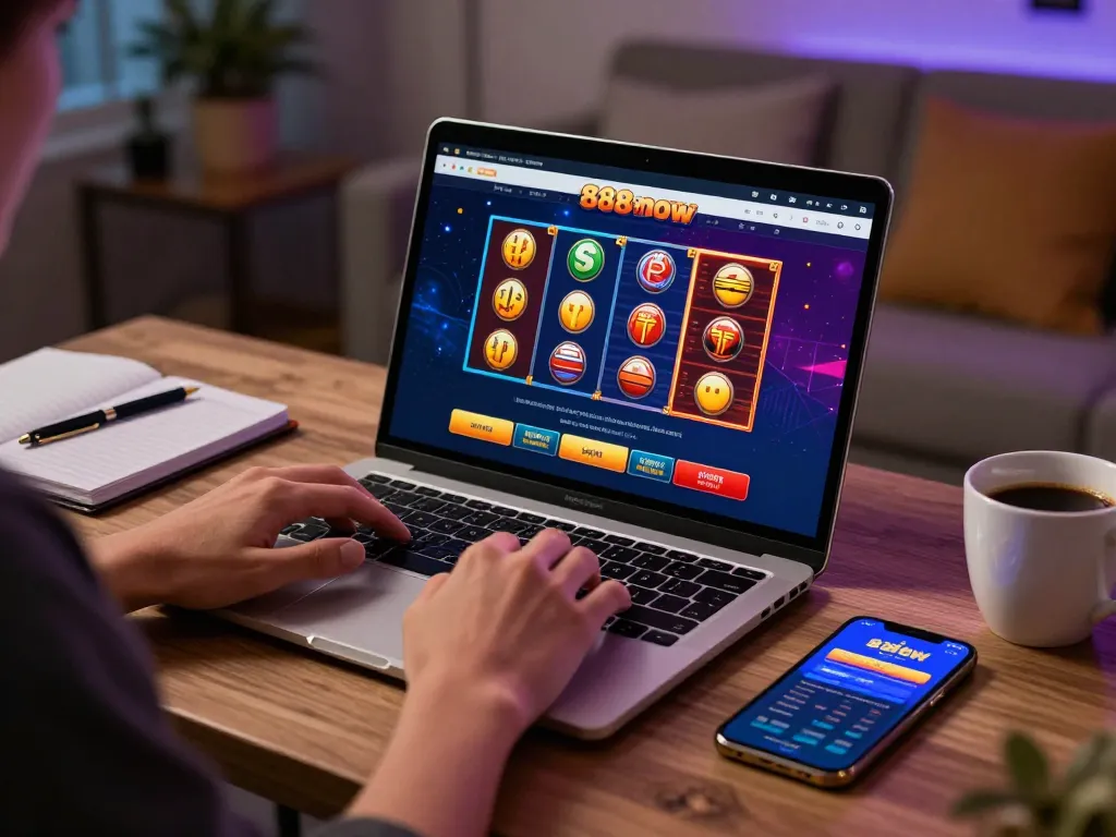 Person engaging with the 888now gaming interface on a laptop in a cozy home office.
