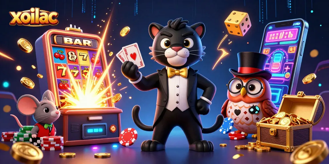 Xoilac brings excitement as the panther deals cards with vibrant energy in a casino setting.