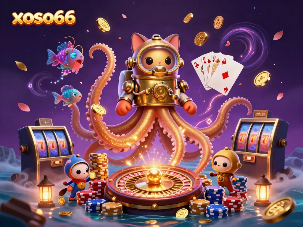 Experience exciting gameplay at xoso66 featuring a colossal kraken, diving cat, and sparkling casino elements.