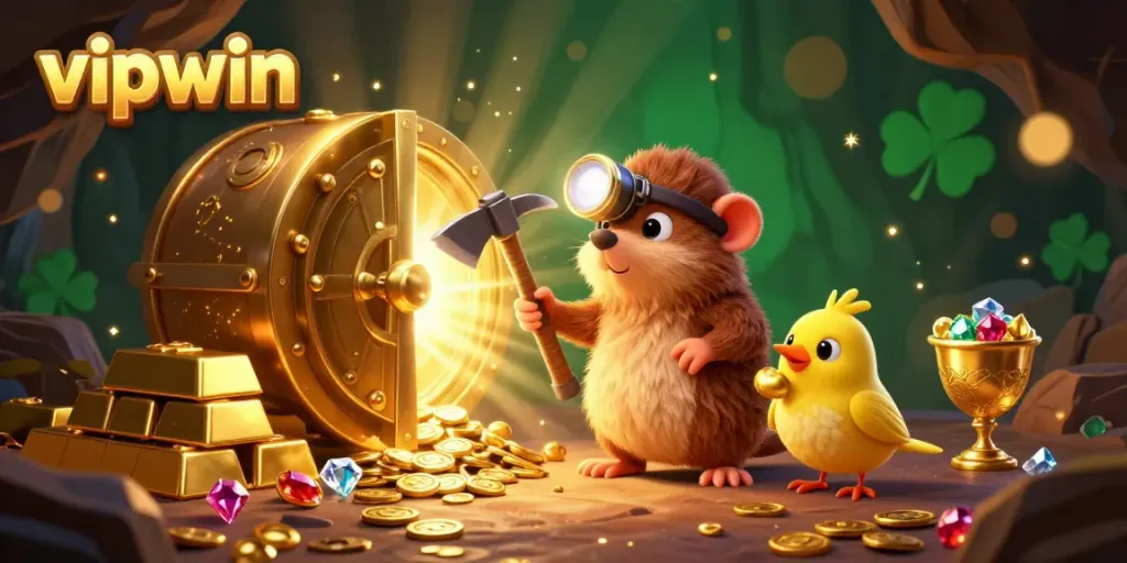 Experience immersive gaming with vipwin's cartoon treasure hunter mole mining gems amidst golden riches.