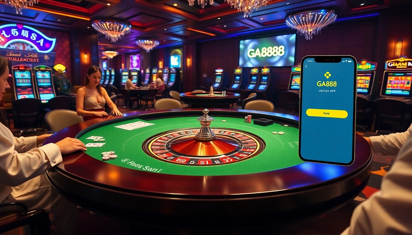 Exciting casino scene with the GA888 APP displayed on a roulette table amidst vibrant gameplay.