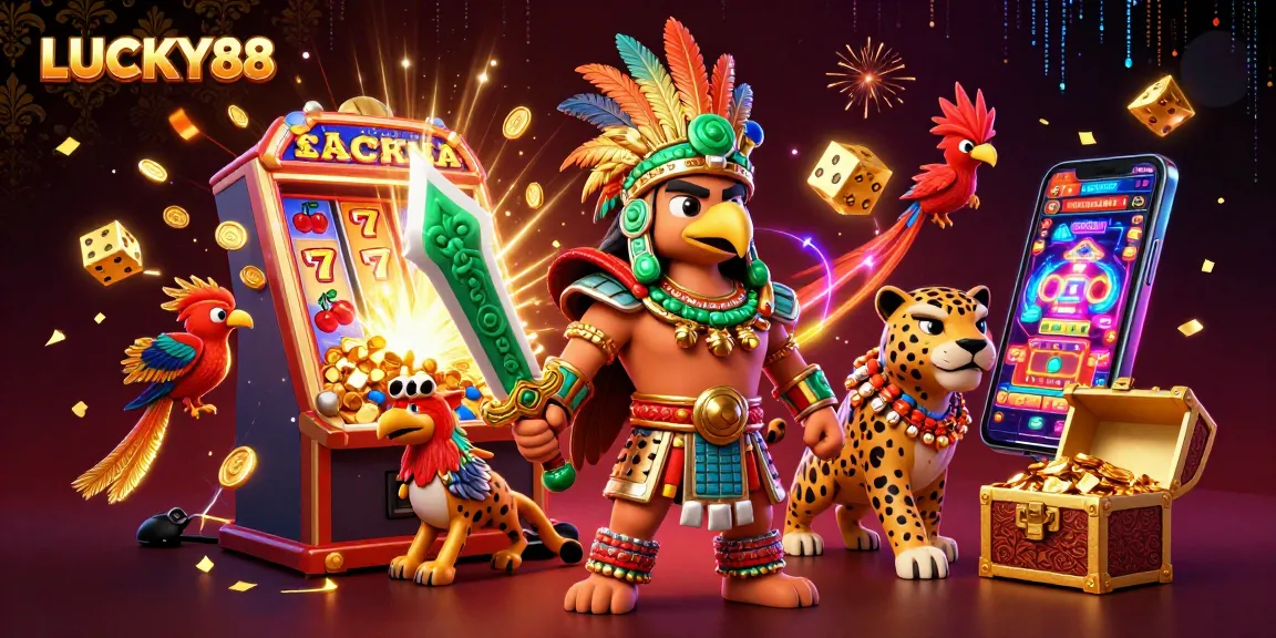 LUCKY88 brings thrilling jackpots to life with an Aztec warrior scene bursting with excitement and winning potential.