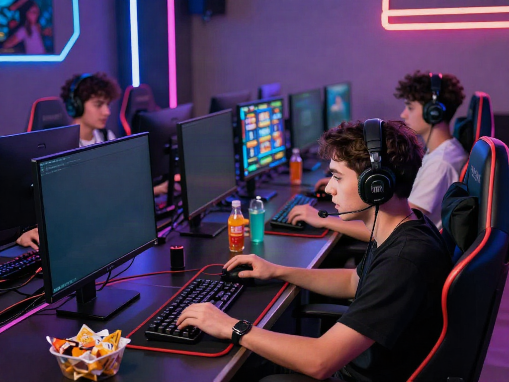 Exciting MAN88 online gaming scene with diverse players in modern gaming setup.