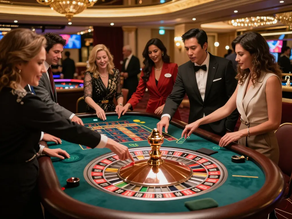 Experience the thrill of betting at 98win's elegant roulette table, showcasing vibrant casino nightlife.