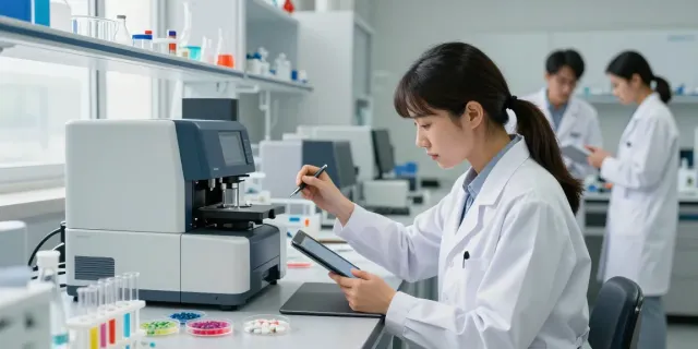 Laboratorní analýza generických léků s vědkyní v bílém plášti a pokročilými nástroji