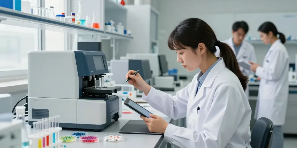Laboratorní analýza generických léků s vědkyní v bílém plášti a pokročilými nástroji