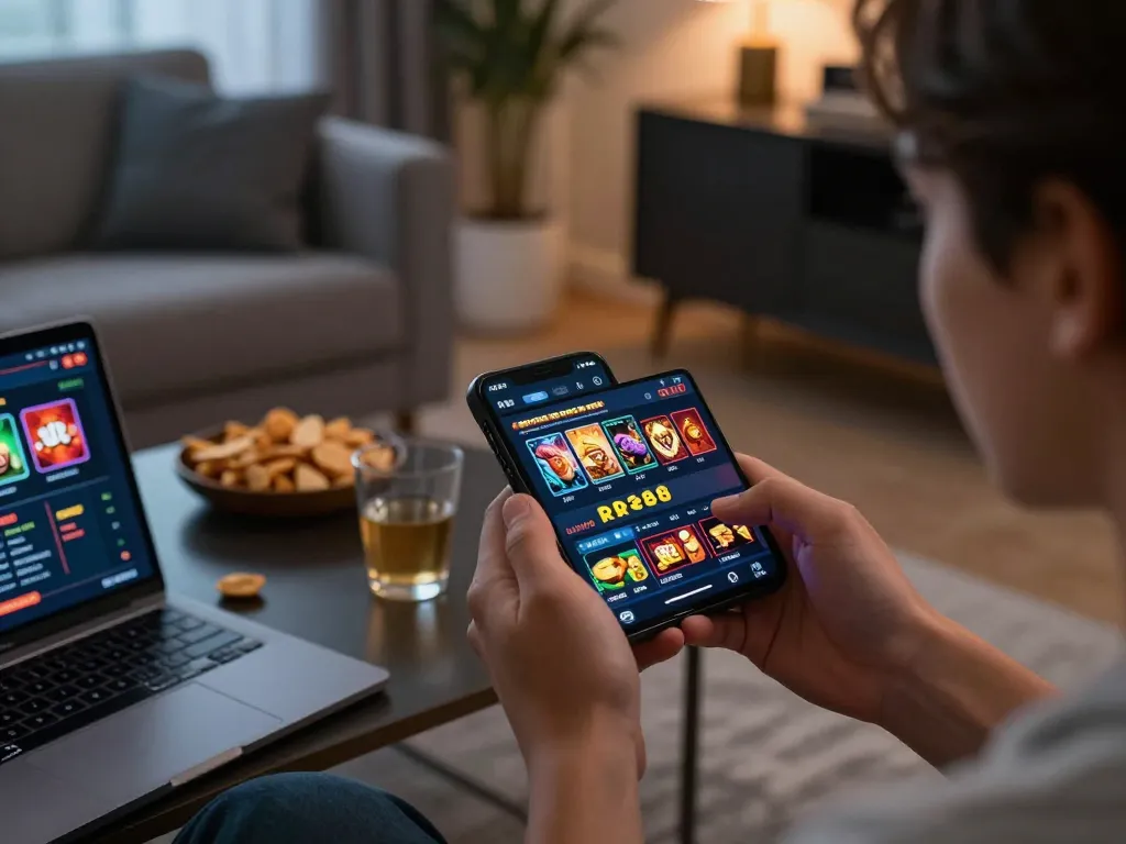 Playing casino games with the RR88 apk on a smartphone in a cozy living room.