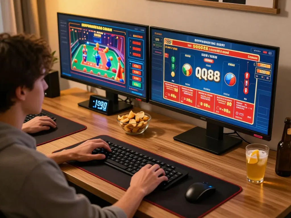 Engaging in online casino gameplay on QQ88 with multi-screen setup and responsible gaming elements.