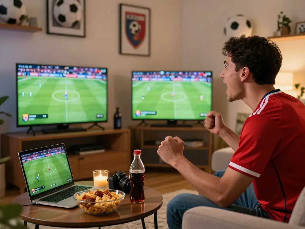 Excited soccer fan enjoying luong son tv live streaming in a cozy atmosphere.