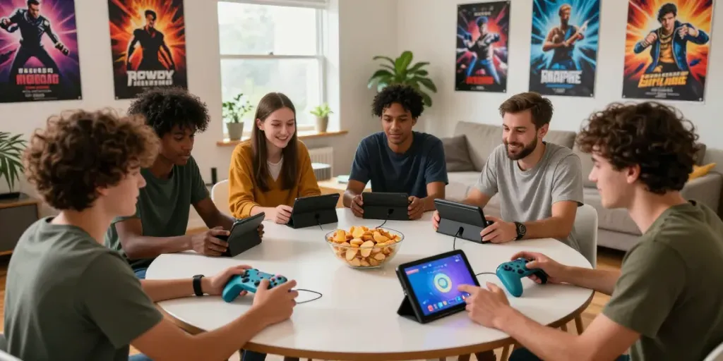 Engaged group of friends enjoying rokok88 offline games in a cozy living room.