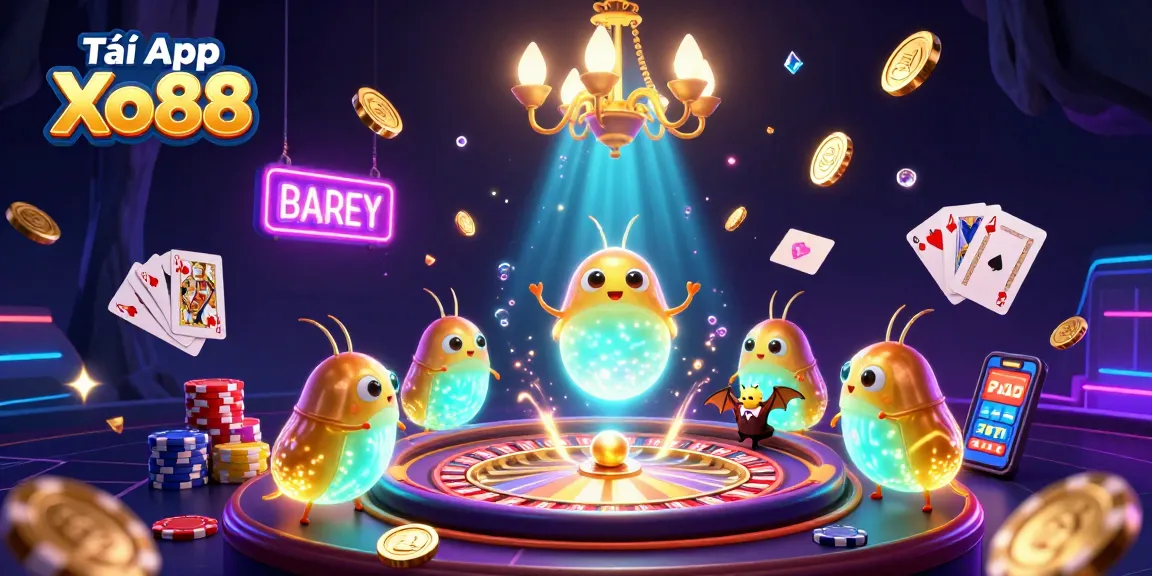 Tải App Xo88 in a vibrant casino scene with glowworms, roulette, and coins, showcasing engaging gameplay.