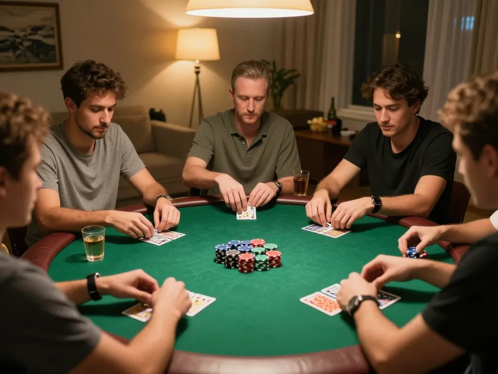 Friends enjoying a lively poker night at home with LC88, engaged in friendly competition.