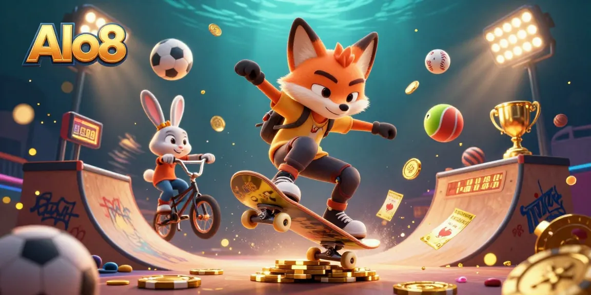 Alo8 offers thrilling casino action featuring a 3D cartoon fox and rabbit in a vibrant gaming scene.