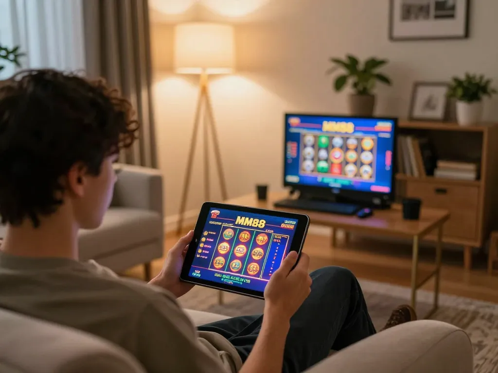 Engaging gameplay on MM88 casino tablet in a cozy living room setting with warm ambient light.