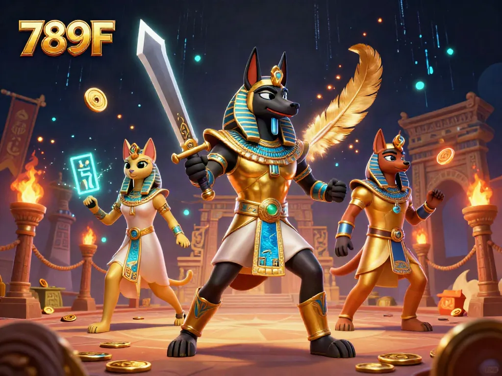 Experience the thrill of 789F casino with Anubis and Bastet amidst dynamic gaming elements and glowing hieroglyphs.