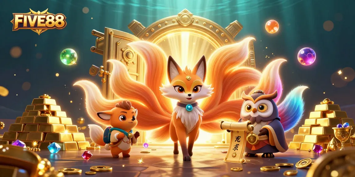 Experience the magic of FIVE88 with a vibrant 3D casino illustration featuring enchanting characters and golden treasures.