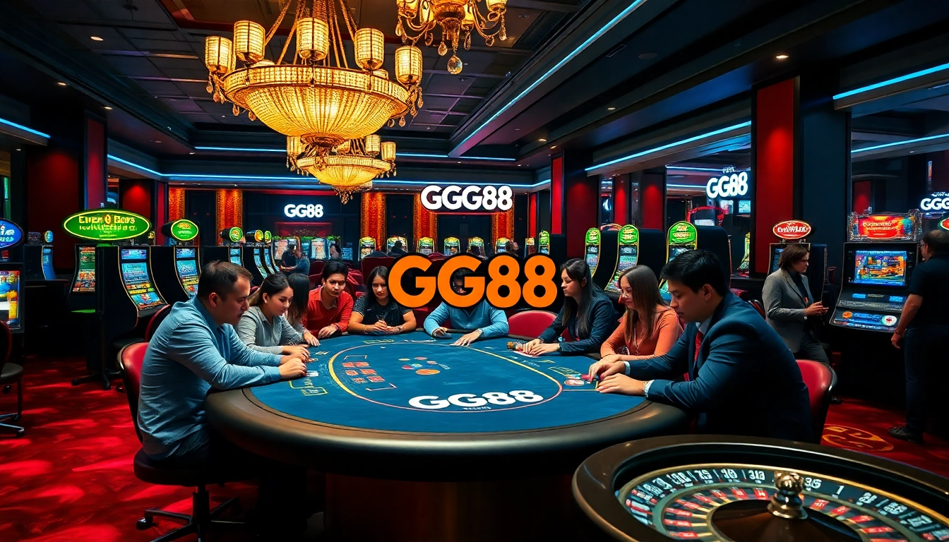 Players engaging at a high-stakes GG88 poker table in a luxury casino setting.