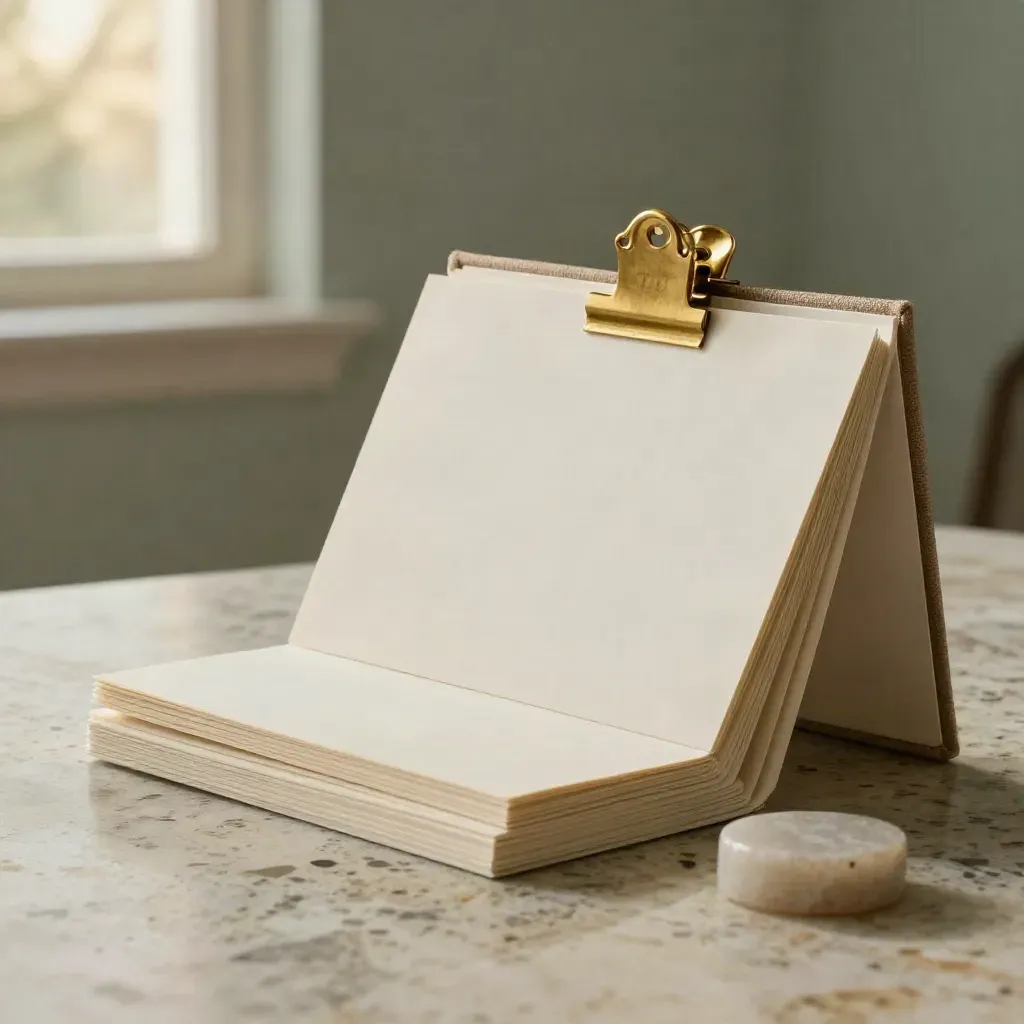 Ivory strategický folio kit na travertinu s kartami, brožurou, mosazným klipem a kamenem.