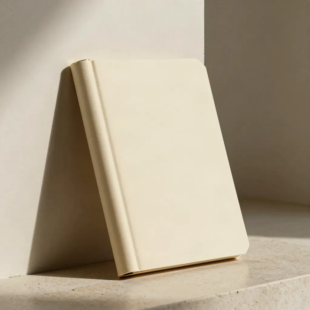 Zavřený folio brief s mosaznou sponou opřený o světlý sádrový blok.