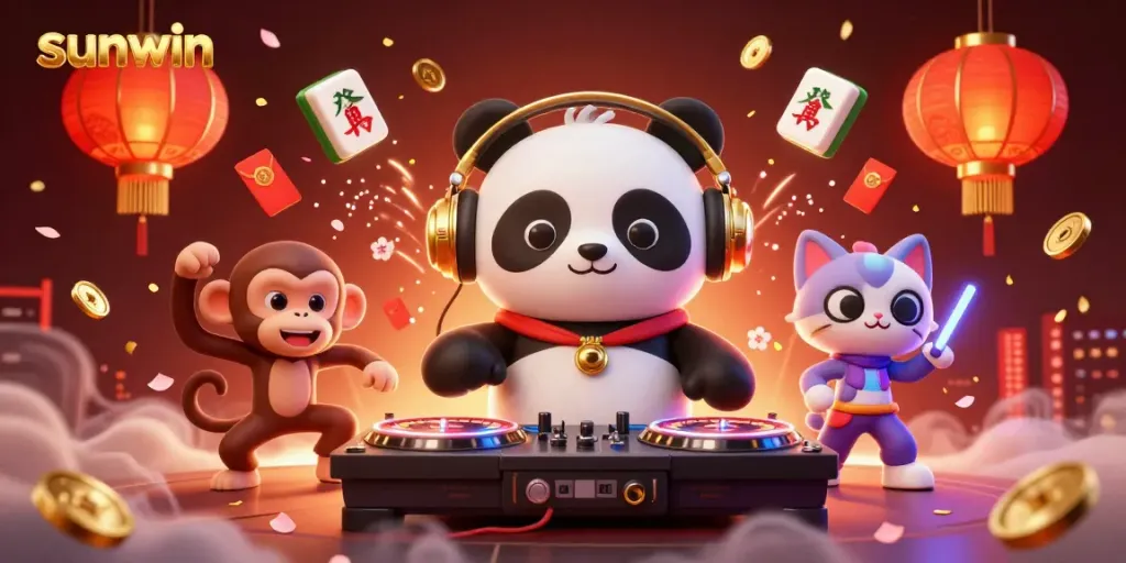 Experience sunwin excitement with a DJ panda and breakdancing characters in a vibrant casino-themed scene.