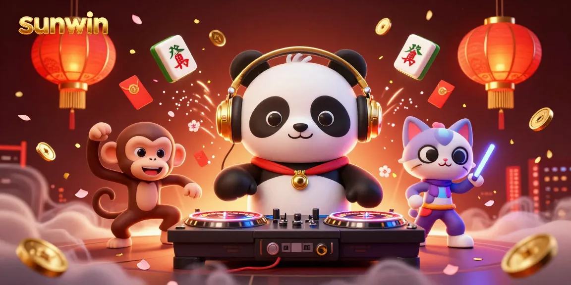 Experience sunwin excitement with a DJ panda and breakdancing characters in a vibrant casino-themed scene.