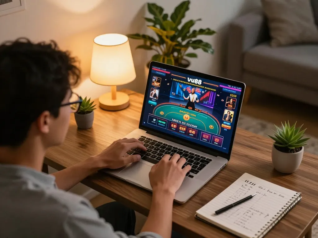 Player engaging in online gaming on vu88 platform with live dealer features in a cozy home setting.