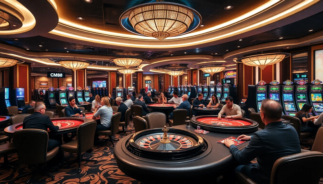 Players enjoying high-stakes games at CM88 casino with vibrant lights and luxurious tables.
