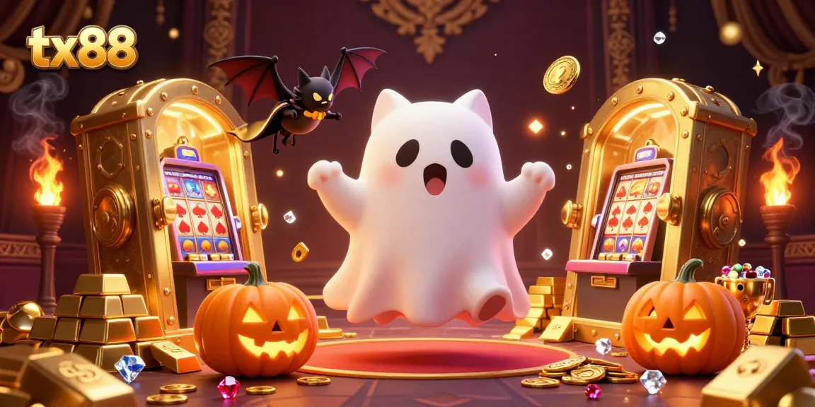 Experience the thrills of tx88 at a lively casino with a ghost cat and vampire bat amidst treasures.