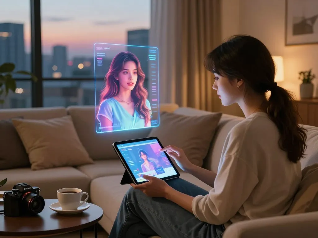 Engaging scene demonstrating a user interacting with their girlfriend AI in a cozy living room, showcasing emotional connection and companionship.