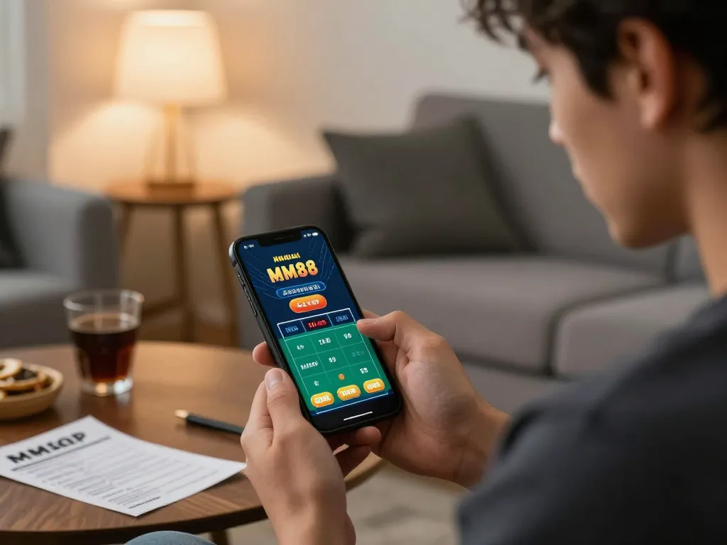 MM88 app user placing bets on smartphone in a cozy home environment, reflecting modern online gambling